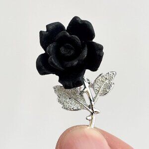 Black RosebudTextured Leaves Black & Silver T Vintage Brooch Pin - Small